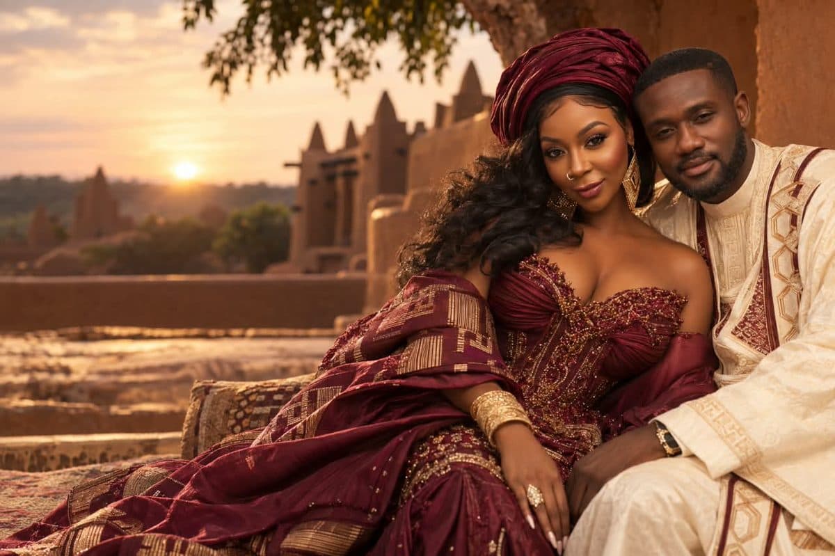 Prince Poku-Ansah and Queen Kennedy S. Johnson in traditional dress, ahead of their Royal Wedding in Tamale, Northern Ghana